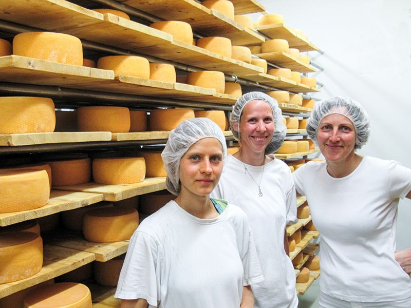 Viele Frauen arbeiten in der Bio Sennerei Prad: u.a. v.l.: Ronja Dier, Petra Gerstl Haas und Martina Schäfer