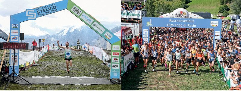 Links: Konstantin Wedel gewann im vergangenen Jahr den Stelvio Trail Run und den Reschenseelauf; rechts: Auch heuer werden tausende Läuferinnen und Läufer am Reschenseelauf teilnehmen.