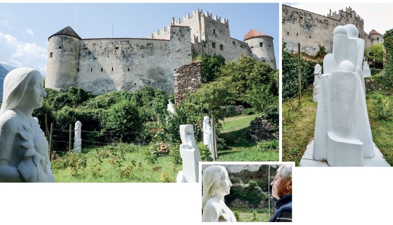 links: Der Schlossgarten in Kastelbell; rechts: „Aufstrebende Kraft“; Mitte: Sonnenblumenfrau und Burkhard Pohl