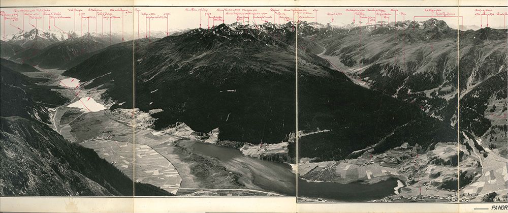 Die drei Naturseen: Reschen-, Mitter- und Haidersee vor dem Bau der Staumauer (1947 – 1949). Die Orts- und Bergnamen sind in italienisch angeführt, weil im Faschismus zur Zeit der Entstehung dieser Aufnahme der amtliche Gebrauch der deutsche Sprache in Südtirol verboten war. Die Bilder stammen aus der historischen Sammlung von Dr. Hubert Folie, Reschen.