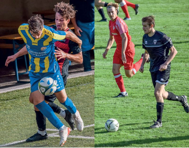 links: Während Naturns (gelb-blau) auf eine bessere Rückrunde hofft, kämpft Partschins um die Spitzenposition. rechts: Dominik Mair und Latsch (schwarzes Trikot) kämpfen um jeden Punkt