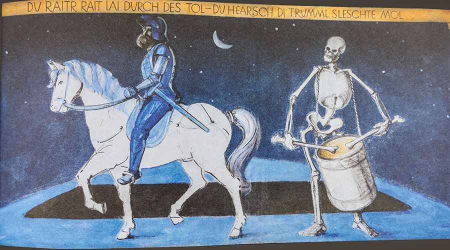 DU RAITR RAIT LAI DURCH DES TOL - DU HEARSCH DI TRUMML S‘LESCHTE MOL  (Du Reiter reite nur durch das Tal - du hörst die Trommel das letzte Mal.)