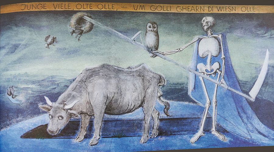 JUNGE VIELE, OLTE OLLE, - UM GOLLI GHEARN DI WIESN OLLE  (Viele Junge, alle Alten - um Golli gehören die Wiesen jedem.)