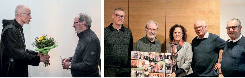 Abt Markus verabschiedet Andreas Folie; der Vorstand überreicht eine Bildcollage, ein Ausschnitt aus den Veranstaltungen und Begenungen v. l.: Gerhard Kapeller, Andreas Folie, Sibille Tschenett, Heinrich Moriggl und Andreas Waldner (Erwin Bernhart hinter der Kamera)