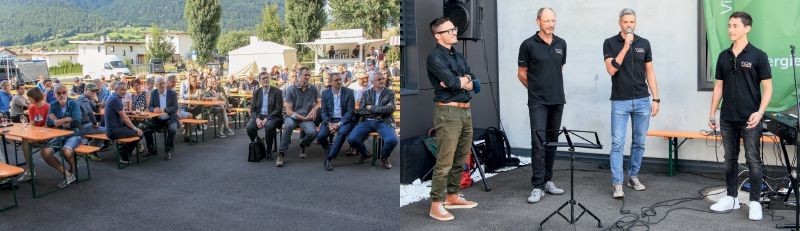 Viel lokale Prominenz, viele Kunden und VEK-Mirglieder haben beim ersten VION-Energietag am 4. September 2021 in Glurns teilgenommen; rechts v. l.: Architekt Günther Fritz, VEK-Präsident Andreas Tappeiner, VEK-Geschäftsführer Alexander Telser und der Moderator Marian Blaas. Das VEK ist Energie- und Telekommunikationsdienstleister für den Vinschgau