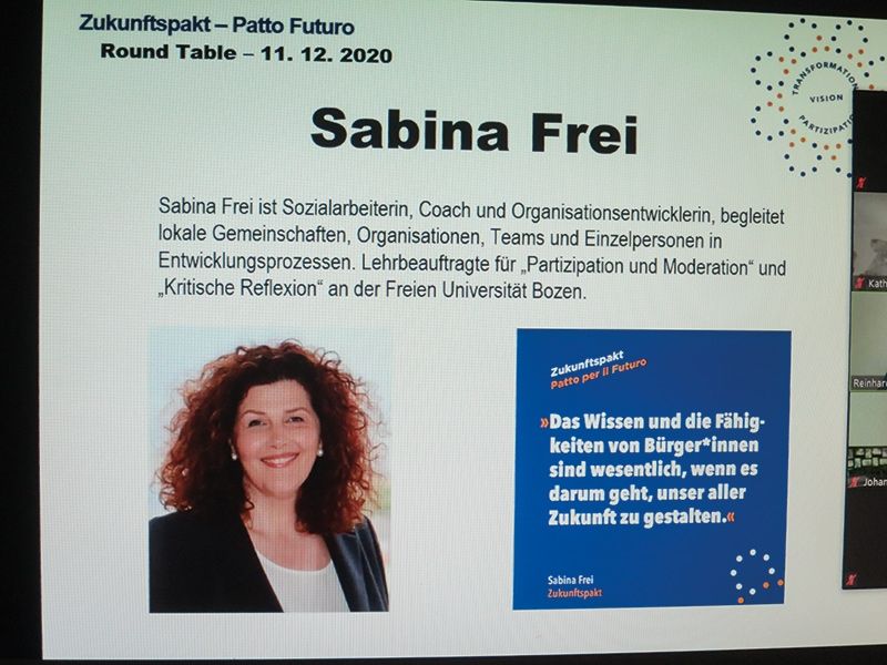 Sabina Frei ist eine der Initiatorinnen des Zukunftspaktes für Südtirol. Ein Zukunftsrat soll einen Nachhaltigkeitsplan ausarbeiten. Das Manifest ist im Internet veröffentlicht und kann auch unterschrieben werden: https://zukunftspakt-pattofuturo.org/