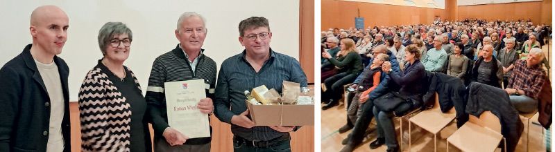 Ehrten und feierten ihren „Tauferer Filmemacher“ v. l.: Michael Fliri (Bildungsausschuss, BMin Roselinde Gunsch, der geehrte Roman Wiesler und Andreas Wiesler und ein begeistertes volles Haus