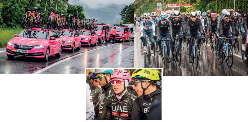 Am 21. Mai herrschte im Vinschgau Giro-Fieber; Mitte: Tadej Pogacar (rosa Helm) gewann die Etappe und führt in der Gesamtwertung; rechts: In Eyrs fiel der Startschuss der 16. Etappe