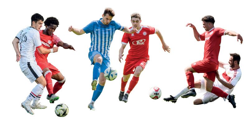 v.l.: David Pitigoi (weiß) will mit Latsch in der Landesliga angreifen; Schlanders (blau) und Goldrain treffen auch heuer wieder aufeinander; Kastelbell Tschars (rot) und Morter laufen in der 2. Amateurliga auf