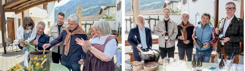 Den traditionellen Spargelanstich übernahm heuer die Tochter von Sandra Gstirner,s Lina mit v. l.: Manfred Prantl, Max und Martin Pohl und Oma Christine Gstirner;   die Weinbauern v. l.: Thomas Plack, Max und Martin Pohl, Leo Forcher und Heiner Pohl