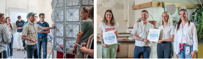 Die Coworkation-Alps-Exkursion in der BASIS Vinschgau Venosta; rechts: Carina Matscher vom Feldgärtenhof und Magda Tumler und Hannes Götsch von BASIS bei der Entgegennahme des Gütesiegels