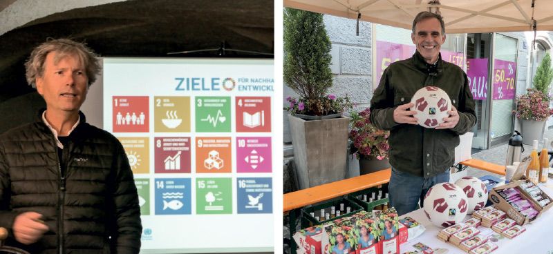 links: Peter Kasal, der ehemalige Direktor des Amtes für Landschaftsplanung, sprach über Klimaschutz rechts: Richard Theiner vom Weltladen Latsch informierte über fairen Handel und nachhaltige Produktion