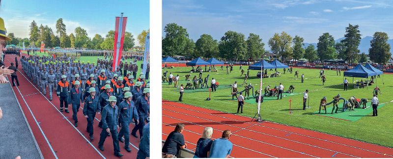 l. Eröffnung in Feldkirch beim 14. Bundesfeuerwehr-Leistungsbewerb in Feldkirch mit dem Einmarsch aller r. die Bewerbsbahnen, wo die Wettkämpfe stattfanden