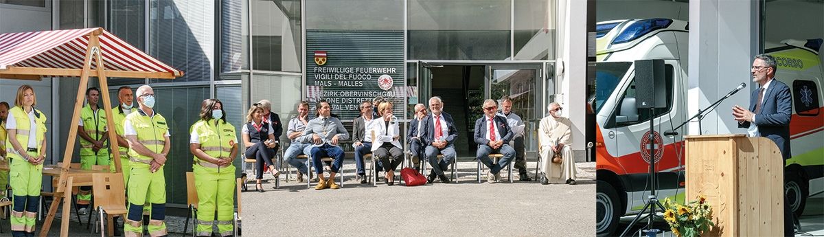 Ehrengäste bei der Segnung der WK-Räume im Zivilschutzzentrum von Mals, darunter LH Arno Kompatscher (rechts); links: Mitarbeiter/Innen des WK-Teams