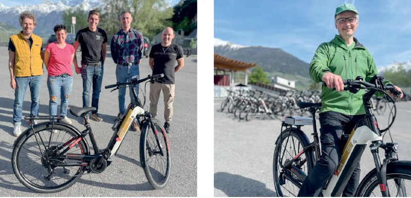 links: Freuten sich über den Abschluss der Initiative: Firma Helios Bozen, Gemeinderätin Karin Thöni, Gemeindereferent Klaus Telser, BM Josef Thurner und Adrian Telser von Bikeman Schlanders; rechts: Auch der Dekan Stefan Hainz will in Zukunft viel mit dem Rad unterwegs sein!
