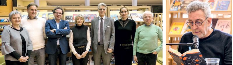 Ausstellungseröffnung v. l.: Monika Wielander, Raimund Rechenmacher, Johannes Andresen, Monika Holzner, Hans-Christoph von Hohenbühel, Ramona Kuen, Martin Trafoier. rechts: Sepp Mall las bei einer Matinee am 25.02. aus seinem neuen, preisgekrönten Buch „Ein Hund kam in die Küche“.