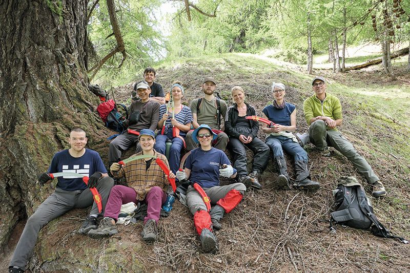Eine Arbeitsgruppe Freiwilliger, die Weidezäune repariert und Pflegemaßnahmen durchführt. Ganz rechts Yves Schwyzer von Biosfera Val Müstair.