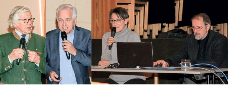 v.l.: Baldur Schweiger (Pro Reschenbahn), Paul Stopper (Pro Mals-Scuol), Eva Prantl (Umweltschutzgruppe Vinschgau) und Moderator Markus Lobis
