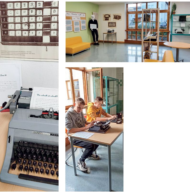 v. l.: Schulschreibmaschine der WFO, an der angehende Bürokräfte einst das Tippen erlernten; Wer ist schneller? – An der alten Schreibmaschine schreibt sichs doch etwas mühsamer; oben: Der Aufenthaltsraum der WFO wurde zum Ausstellungsraum mit allem Drum und Dran