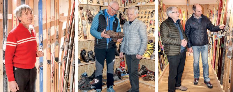 links: Luis Weger in seinem Museum; mitte: Heinrich Moriggl und Ignaz Veith besprechen die Machart des genagelten Schuhs; rechts: Hans Thöni und Christian Mazagg betrachten die historischen Skier