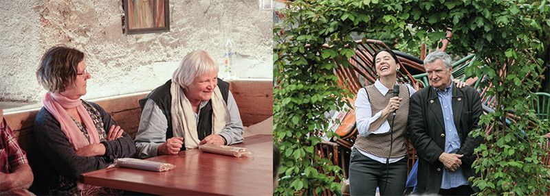 v. l.: Walli Menghin (Sekretariat alphabeta) und Ulrike Kindl; die Direktorin des Tourismusvereines Partschins Karin Thaler mit Matthias Schönweger