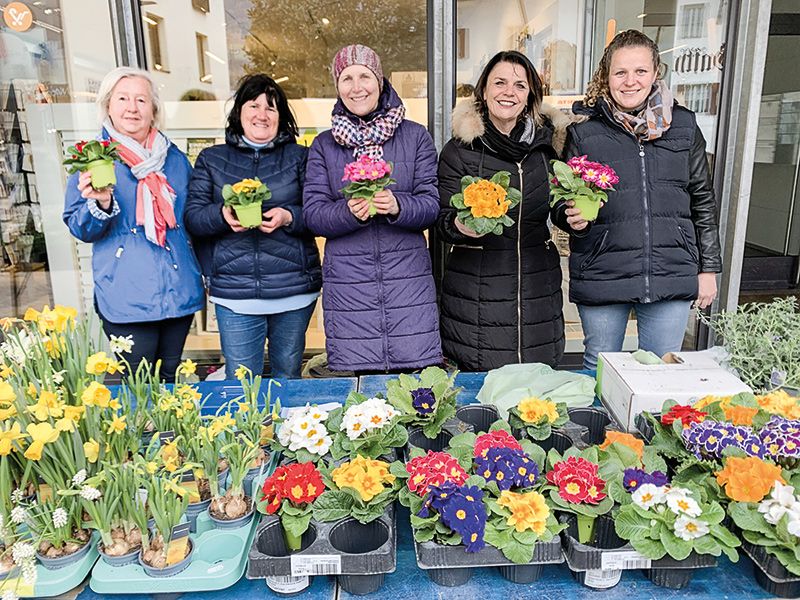 Die Naturnser Frauen bei der Primelaktion am 09. März: Rosi Moser, Gertrud Fliri, Marianne Bauer, Astrid Pichler und Monika Fliri