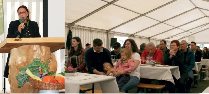 links: Gemeindepräsidentin des Val Müstair Gabriella Binkert Becchetti: „Eine intakte Kultur-und Naturlandschaft schafft Lebensqualität und Wertschöpfung.“ rechts: Gäste im Festzelt
