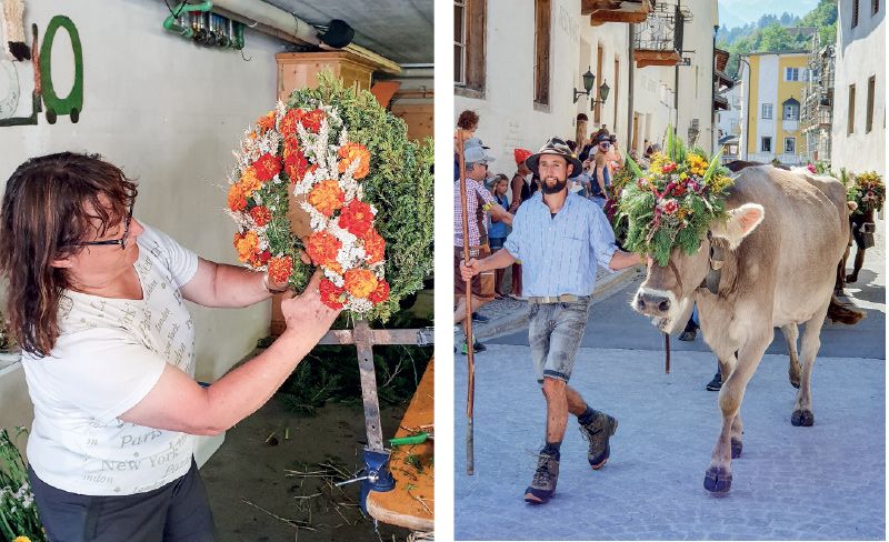Mengia Caviezel ist dabei, den Kopfschmuck für die Kühe zu binden; rechts Sohn Linard bei der Rückkehr von der Alp Mora