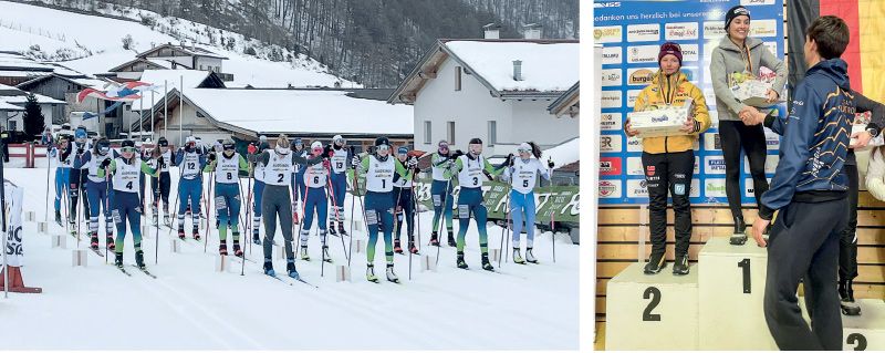 Hochklassige Rennen konnten besonders im Format Massenstart mitverfolgt werden; rechts: Rennleiter Björn Angerer gratuliert sichtlich zufriedene Siegerinnen in der Kategorie Juniorinnen U 20