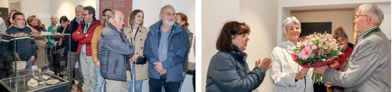 Der Ausstellungsraum konnte die zahlreichen Interessierten bei der Eröffnung der Römerausstellung kaum fassen; rechts: Blumen für die Kuratorin der Ausstellung Helene Dietl Laganda vom Präsidenten des VUSEUMs Toni Patscheider und applaudiert von Catrin Marzoli vom Amt für Archäologie in Bozen