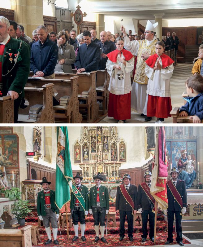 oben: Der Marienberger Abt Philip Kuschmann zelebrierte einen feierlichen Festgottesdienst, auch zum Erntedank, und segnete die renovierte Kirche; unten: Die Fahnenabordnungen der Schützenkompanie und der Freiwilligen Feuerwehr von Burgeis demonstrierten stellvertretend für die Bevölkerung Demut beim Hochamt