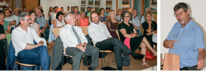 v. l. LH Arno Kompatscher, LA Sepp Noggler, SVP Parteiobmann und LA Philipp Achammer, die als SVP Parteiobmann Stellvertreterin nominierte Laaser Bürgermeisterin Verena Tröger; rechts: der Vinschger SVP Bezirksobmann und Kammerabgeordneter Albrecht Plangger.