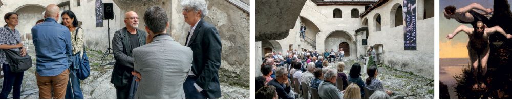 Vor der Eröffnung der Ausstellung auf Schloss Kastelbell. Der Künstler Wainer Vaccari (3. von rechts) im Gespräch mit Italo Bressan (rechts), der 2018 zur Herbstausstellung eingeladen wurde. Kunsthistoriker und Kurator Gabriele Lorenzoni versucht das künstlerische Werk zu interpretieren.