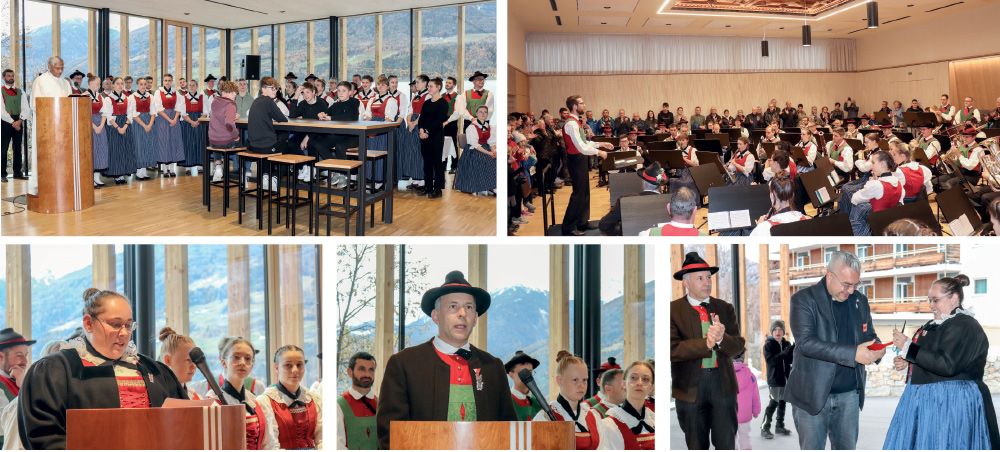 oben: Dekan Matthew segnete den neuen Musitempel, im neuen Probenraum gab die Kortscher Musi ein paar Musikstücke zum Besten, unten v. l. Obfrau Elisabeth Pilser und Georg Gemassmer