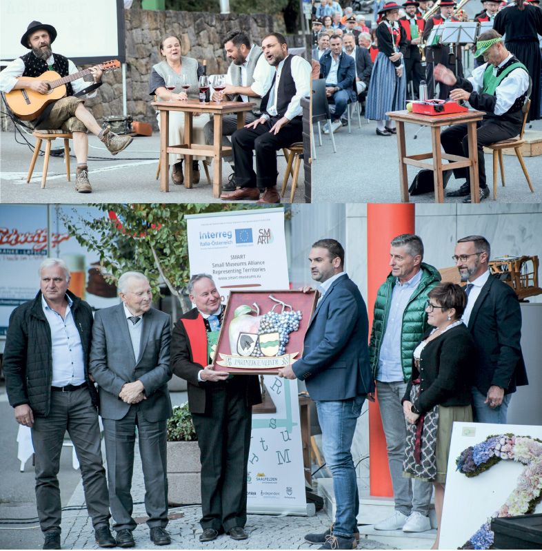 oben links: Die Volksbühne Partschins setzt die Enttäuschung Peter Mitterhofers bei der Rückkehr aus Wien und das Umschwenken zu Unterhaltung in Szene. oben: Felix Schweizer bei der Uraufführung des Peter Mitterhofer Jubiläumsmarsches links: Äpfel in Partschins - Trauben in Kleinkarlbach in Rheinland Pfalz: Geschenk für die Gemeinde Kleinkarlbach