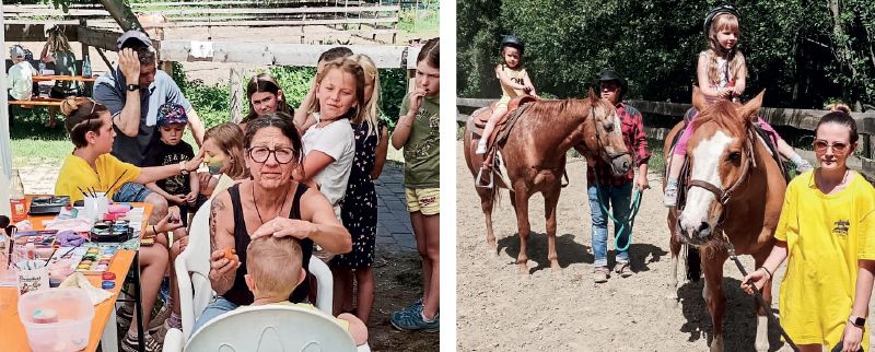 links: Heidi Prugg beim Kinderschminken: rechts: Marie Christandl (vorne) und Eller Lukas (hinten) als Pferdeführer