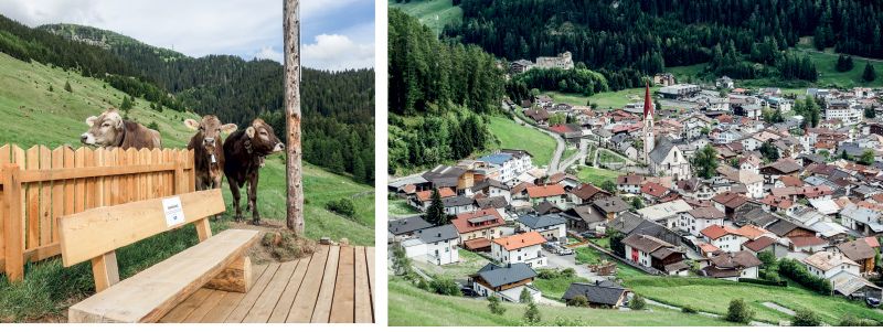„Dieser Platz mit einzigartiger Aussicht ist unserem Freund Roland Kaiser zu seinem 70. Geburtstag und zu seiner Verbundenheit mit Nauders gewidmet“, so die Innschrift; Die Dächer von Nauders vom Kaiser.Blick aus gesehen.