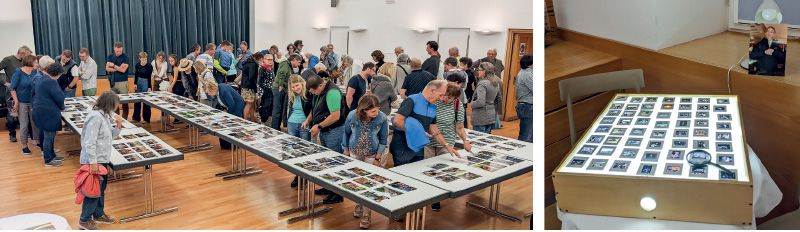Schauen, suchen, finden, fragen, reden, lachen an den Bildertischen ; rechts: Franz Grassls selbst gebauter Lichtkasten dient als Ausstellungsobjekt für einige seiner Dias. Im Hintergrund ein Porträt vom leutseligen Laaser Künstler, der Menschen und Motiven zugewandt gewesen war.