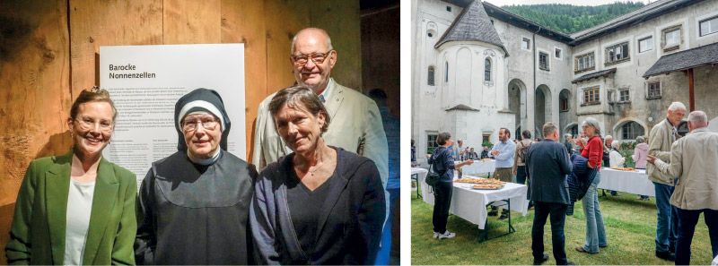 v.l.: Romina Ebenhöch Kuratorin, Subpriorin Schwester Brigitta, Claudia Schmauder Projektleiterin, Walter Anderau Präsident der Stiftung Pro Kloster; rechts: Der Abschluss der Vernisagge im Klosterinnenhof