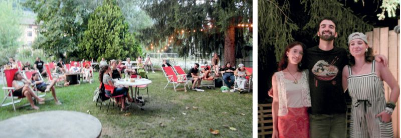 Marconi Park Feeling im Garten der Basis Oasis: die Location erinnert an die Poetry-Slams des OSTWEST Club Meran in dessen früheren Sommerresidenz; rechts: Anja de Falco, Alex Giaovanelli, Filomena Hunglinger