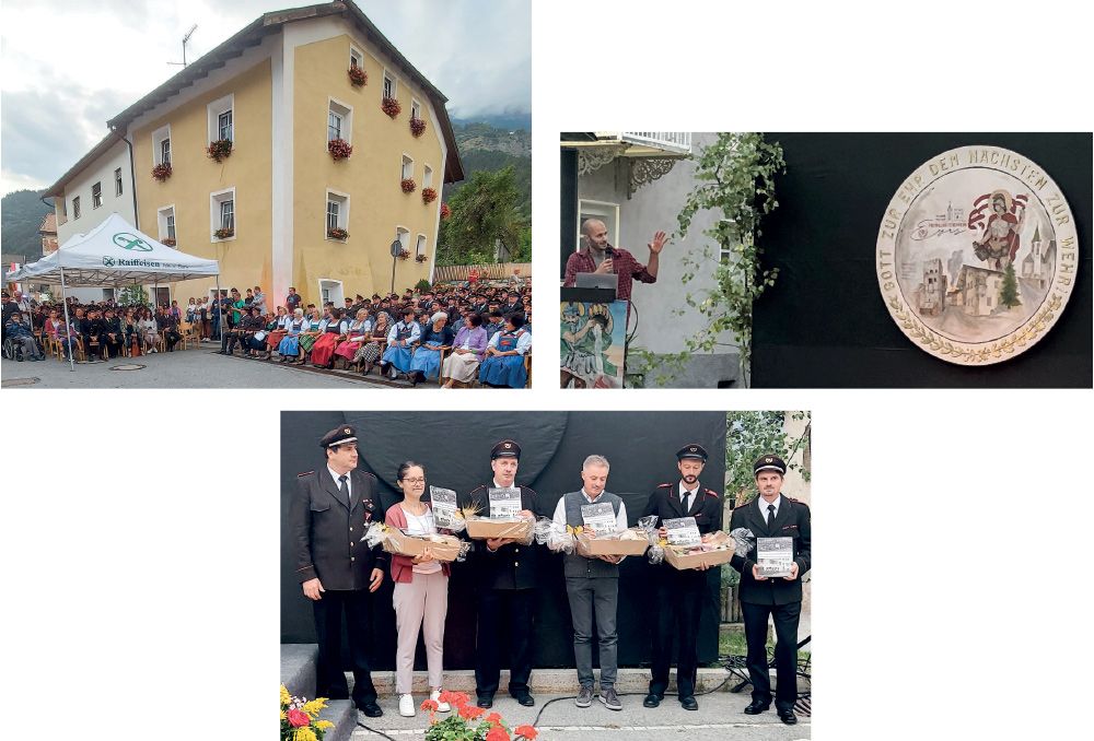 oben: Thomas Biedermann erklärt sein Gemälde; unten: v. l. Michael Telser, Theodora Kuntner, Anton Kainz, Markus Marth, Fabian Gartner und Florian Kuppelwieser; Dankesübergabe an das Redaktionsteam der Dorf- und Feuerwehrchronik links: Die Freiwillige Feuerwehr freute sich über die zahlreiche Gäste