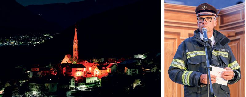 Der rot angeleuchtete Dorfteil ist 1924 abgebrannt; Feuerwehrkommandant Florian Peer entwarf das Konzept der Feier und führte durch den Abend