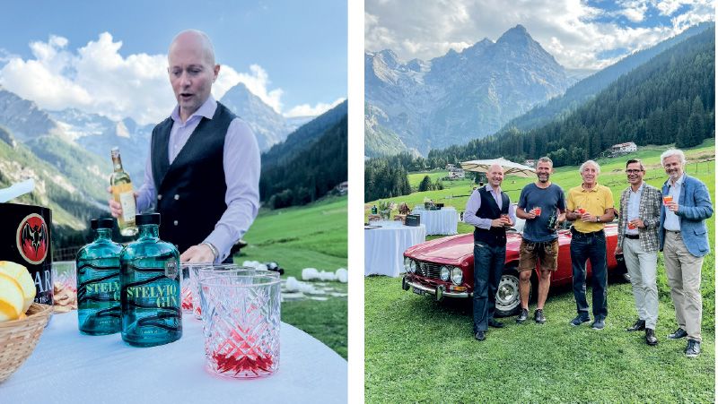 Christian Heiss, der Südtiroler Cocktail-Weltmeister, kreiert für Ski-Weltmeister Gustav Thöni einen neuen Cocktail „Gustavo“. Der Cocktail hat gemundet v. l.: Christian Heiss, Nicki Wallnöfer, Gustav Thöni, Lorin Wallnöfer und Stephan Gander