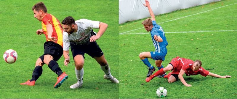 links: Mals (gelb-rot) und Kastelbell gehörten zu den Top-Teams der 2. Amateurliga; rechts: 1. Amateurliga - Schlanders (blau) gegen Plaus