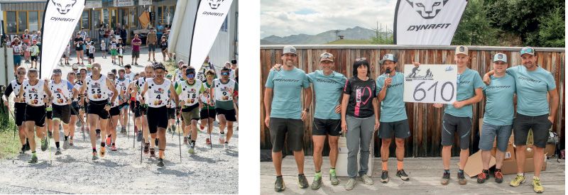 Einige Teilnehmer des Watles Berglaufes kurz nach dem Start; rechts: 610 Euro wurden an die Krebshilfe Vinschgau gespendet