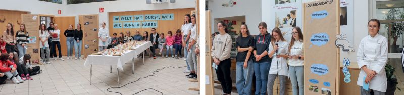 Die Schülerinnen der 2. Klasse der Fachschule für Hauswirtschaft und Ernährung in Kortsch bei ihrer Präsentation im Foyer