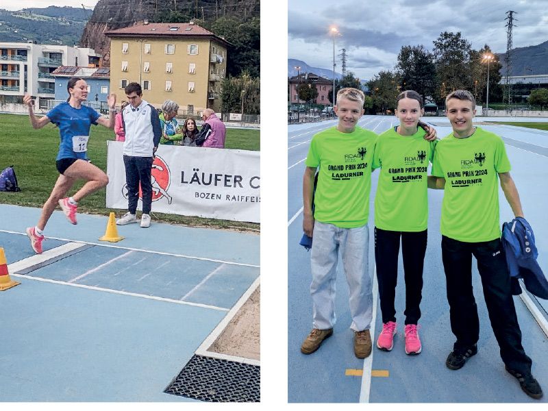 links: Lisa Moriggl beim Weitsprung; rechts v.l.: Gabriel Niederfriniger, Lisa Moriggl und Jakob Niederfriniger