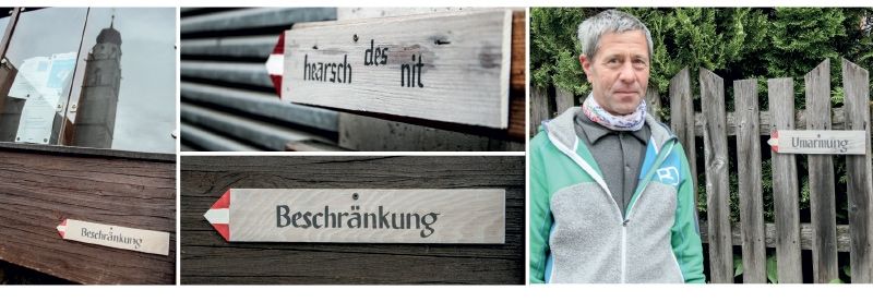 Der Kunst ihren Raum - fragende Antworten: Karl Hofer hat Botschaften auf Formen von kleinen Wegweisern im Dorf Partschins angebracht