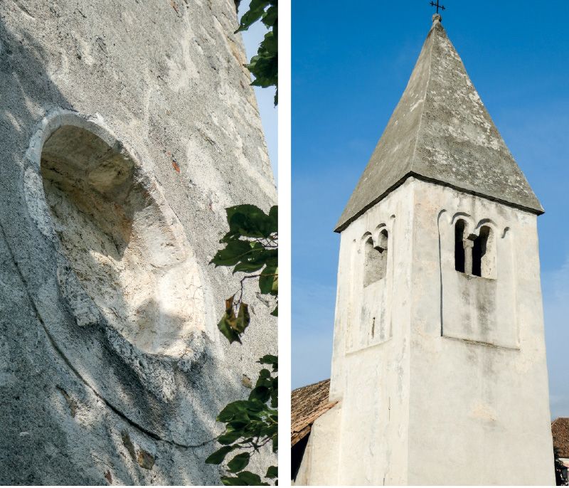 links: Das zugemauerte Rundfenster oder Oculus (lat. für „Auge“) an der Ostfassade der Bichlkirche. Rundfenster waren eine in der Romanik sehr verbreitete Fensterform. rechts: Der Chorturm der Nikolauskirche mit Blendarkaden und Biforien
