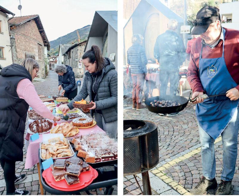 links: Lara Donner, Manuela Stocker und Milena Dietrich bereiten den Stand für den Kuchenverkauf vor; rechts: Richard Telser sorgt für perfekt gebratene Kastanien